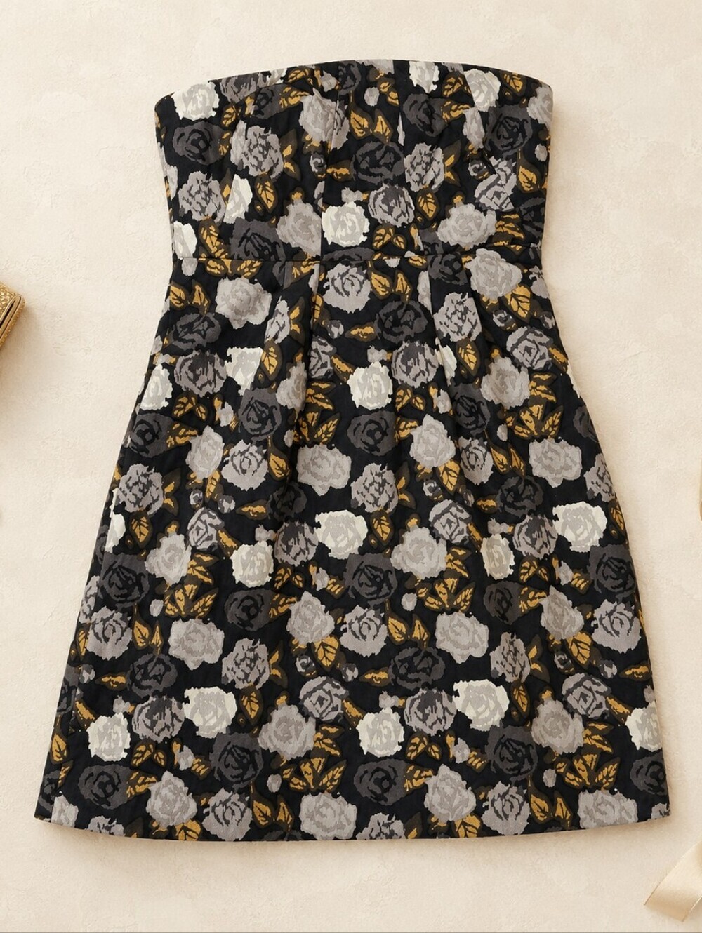 J.Crew Strapless Floral Jacquard Dress Black Gold Rose Print Party Cocktail